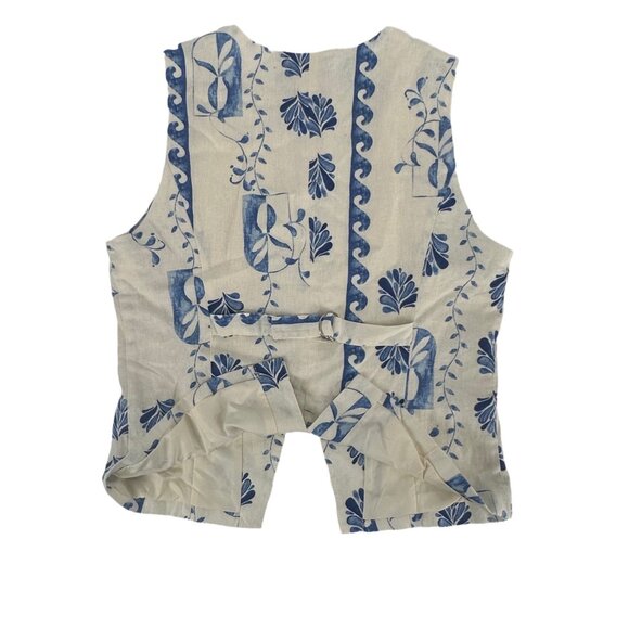 🌊 NWT Rachel Zoe Blue Ivory Linen Blend Baroque Print Top L 🌊 - Picture 3 of 8